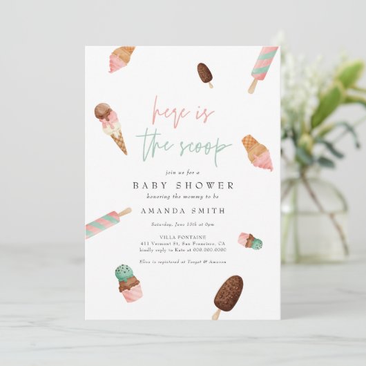 アイスクリームスプリンクルミントピンクサマーベイビーシャワー 招待状 (スタンド正面)
