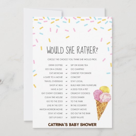 アイスクリームスプリンクル赤ちゃんシャワー – 編集可能な名前， 5x7 招待状 (正面)