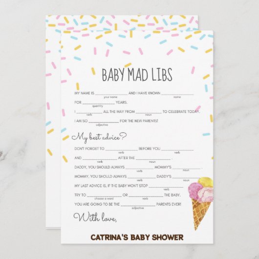 アイスクリームスプリンクル赤ちゃんシャワー – 編集可能な名前， 5x7 招待状 (正面/裏面)