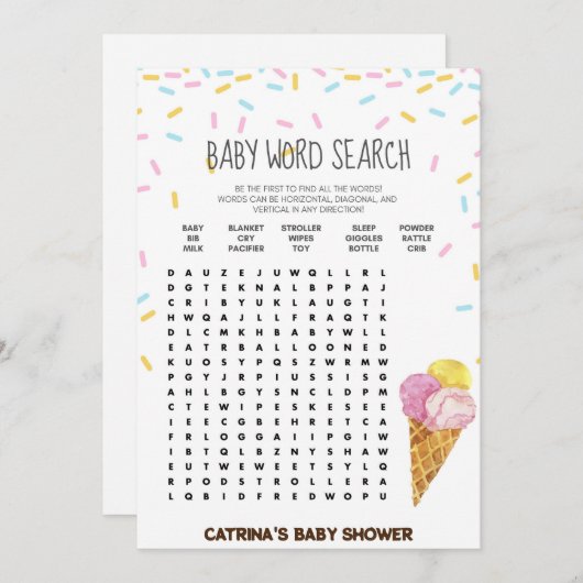 アイスクリームスプリンクル赤ちゃんシャワー – 編集可能な名前， 5x7 招待状 (正面/裏面)