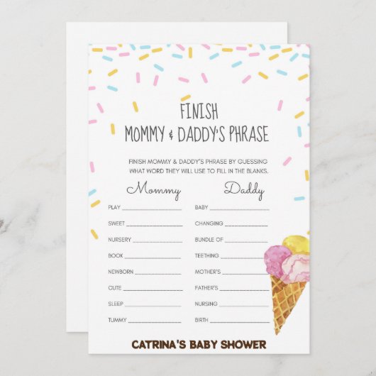 アイスクリームスプリンクル赤ちゃんシャワー – 編集可能な名前， 5x7 招待状 (正面/裏面)
