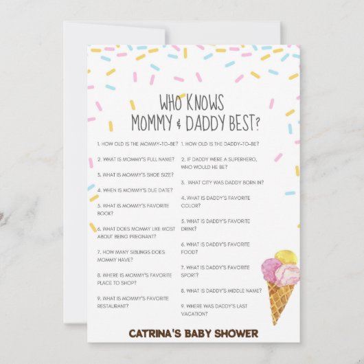 アイスクリームスプリンクル赤ちゃんシャワー – 編集可能な名前， 5x7 招待状 (正面)