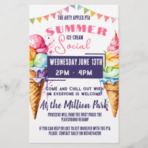 アイスクリームソーシャルイベントピンク&ネイビーPTA PTO チラシ