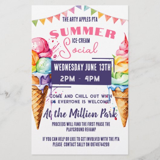 アイスクリームソーシャルイベントピンク&ネイビーPTA PTO チラシ (正面)