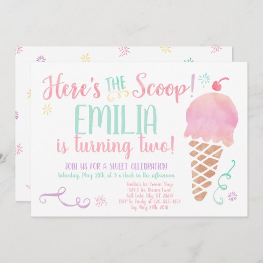 アイスクリームソーシャルウォーターカラー誕生日招待状 招待状 (正面/裏面)