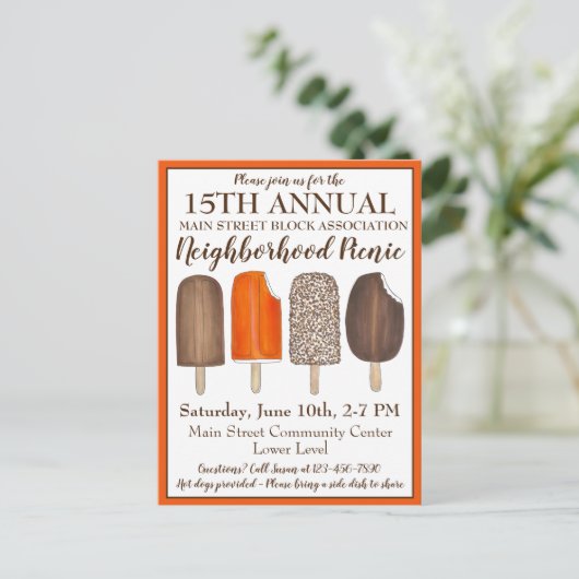 アイスクリームソーシャルバースデーパーティーポプシクルピクニック インビテーションポストカード (スタンド正面)