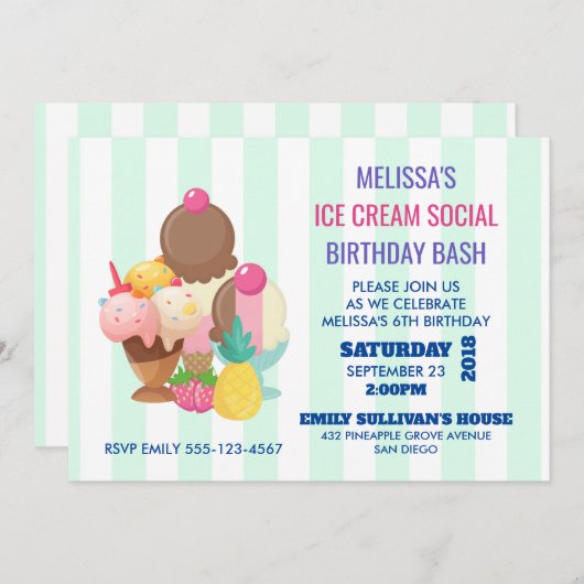 アイスクリームソーシャルバースデーパーティー招待状 招待状 (正面/裏面)