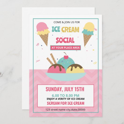 アイスクリームソーシャルパーティの招待状フライヤーテンプレート 招待状 (正面/裏面)