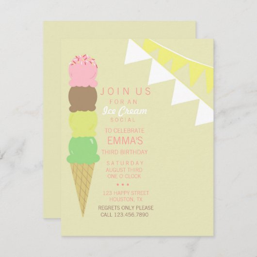 アイスクリームソーシャルパーティの招待状 招待状 (正面/裏面)