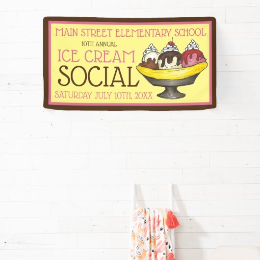 アイスクリームソーシャルパーティーデザートバナナスプリットサンデ 横断幕 (インサイチュ)