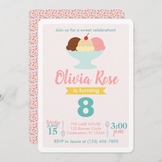 アイスクリームソーシャルピンク&ティール(緑がかった色)誕生日 招待状 (正面/裏面)