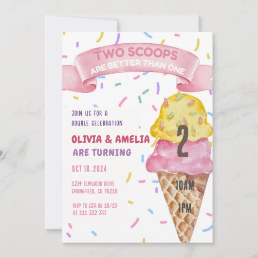 アイスクリームツインガールズツースクープ誕生日 招待状 (正面)