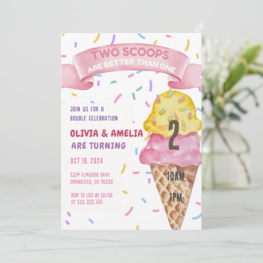 アイスクリームツインガールズツースクープ誕生日 招待状 (スタンド正面)