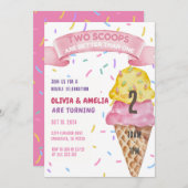 アイスクリームツインガールズツースクープ誕生日 招待状 (正面/裏面)