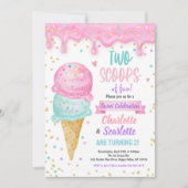 アイスクリームツインズガールバースデーパーティーピンクパープル 招待状 (正面)
