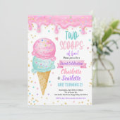 アイスクリームツインズガールバースデーパーティーピンクパープル 招待状 (スタンド正面)