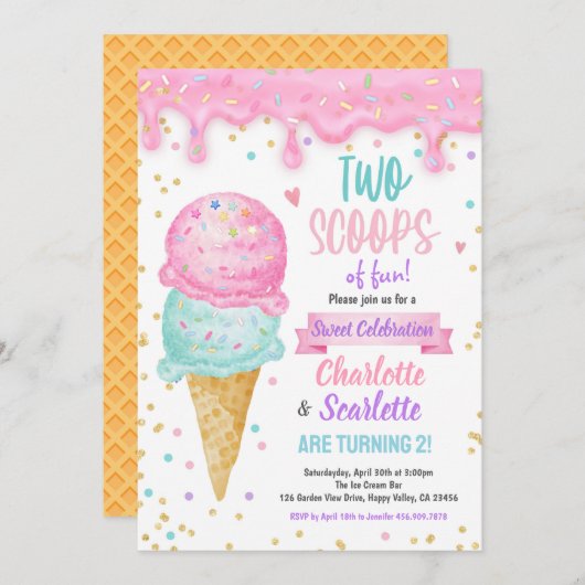 アイスクリームツインズガールバースデーパーティーピンクパープル 招待状 (正面/裏面)