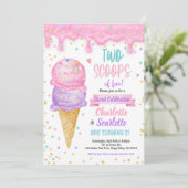 アイスクリームツインズガールバースデーパーティーピンクパープル 招待状 (スタンド正面)