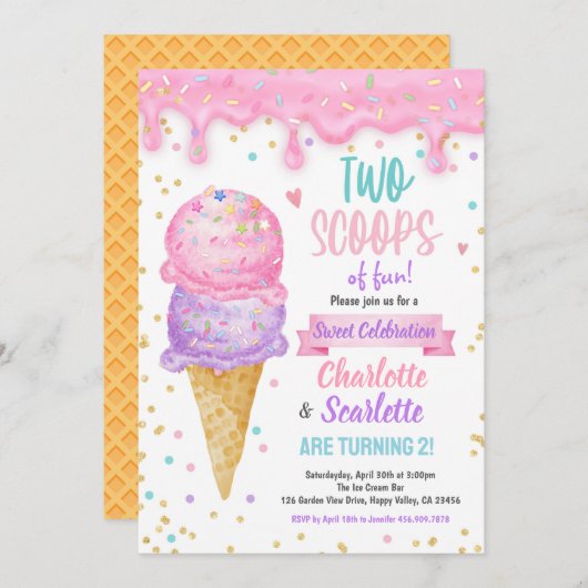 アイスクリームツインズガールバースデーパーティーピンクパープル 招待状 (正面/裏面)