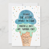 アイスクリームツイン誕生日ブルーミントコーン紙吹雪 招待状 (正面)