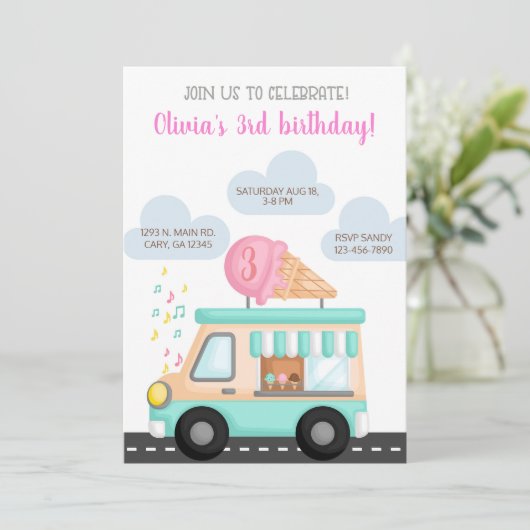 アイスクリームトラックの女の子の誕生日の招待状。 招待状 (スタンド正面)