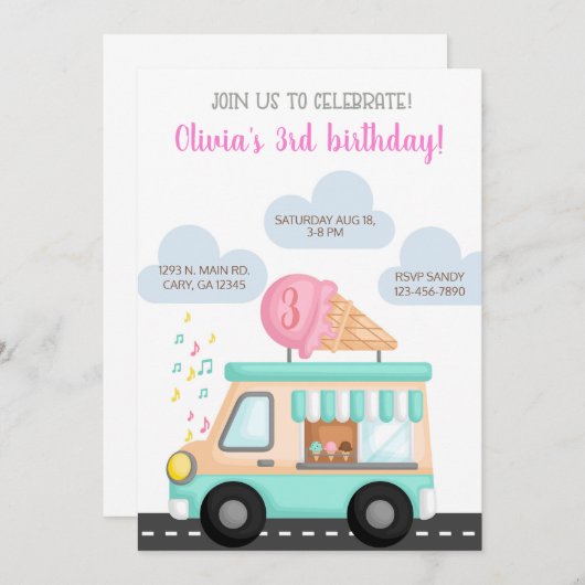 アイスクリームトラックの女の子の誕生日の招待状。 招待状 (正面/裏面)