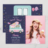 アイスクリームトラックスイートタイムピンクガール誕生日 招待状 (正面/裏面)