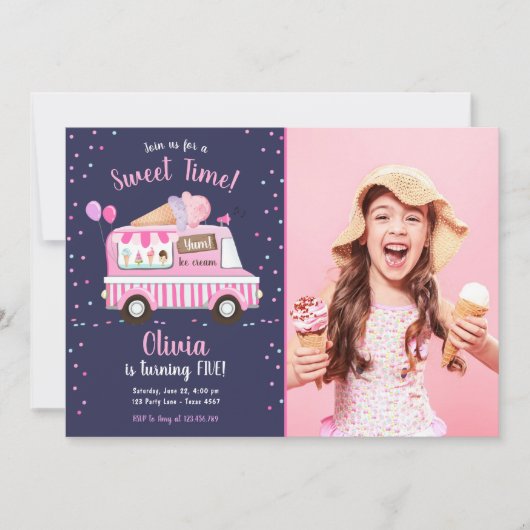 アイスクリームトラックスイートタイムピンクガール誕生日 招待状 (正面)