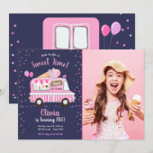 アイスクリームトラックスイートタイムピンクガール誕生日 招待状 (正面/裏面)