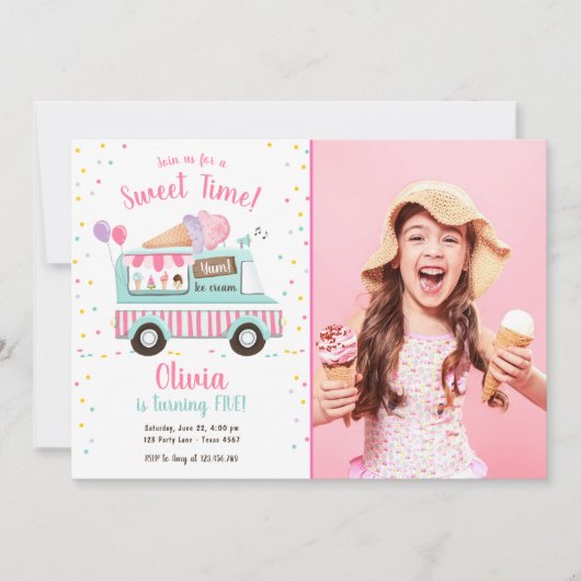 アイスクリームトラックスイートタイムピンクガール誕生日 招待状 (正面)