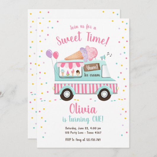 アイスクリームトラックスイートタイムピンクガール誕生日 招待状 (正面/裏面)