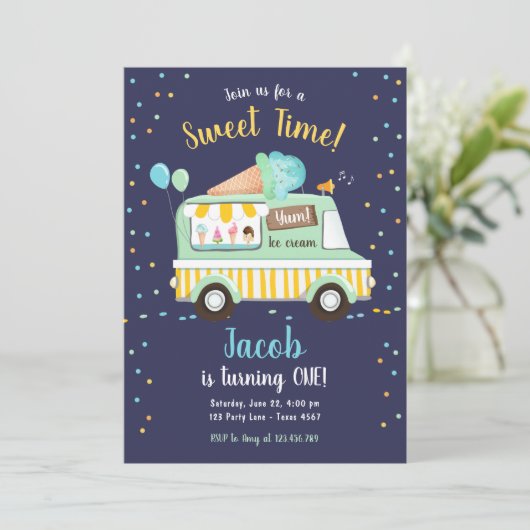アイスクリームトラックスイートタイムボーイミントブルー誕生日 招待状 (スタンド正面)