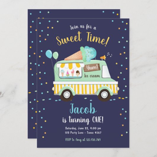 アイスクリームトラックスイートタイムボーイミントブルー誕生日 招待状 (正面/裏面)