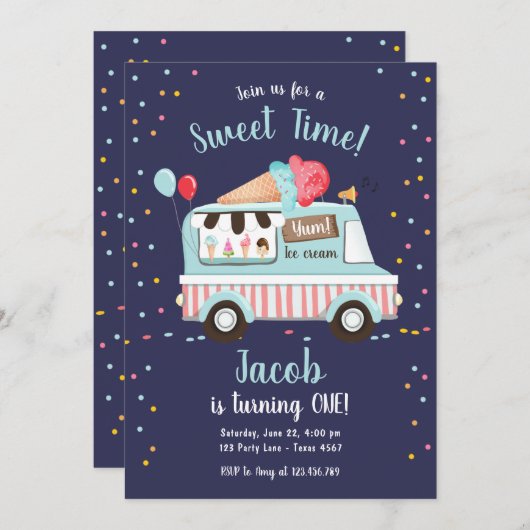 アイスクリームトラックスイートタイムボーイレッドブルー誕生日 招待状 (正面/裏面)