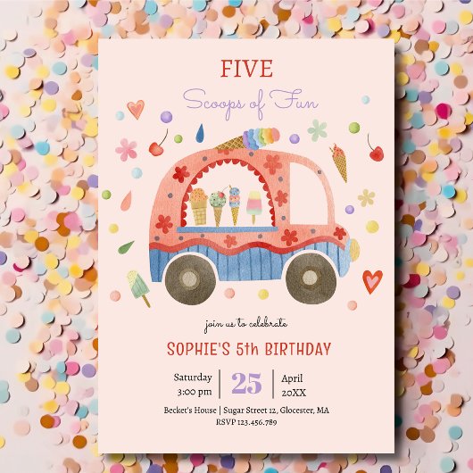 アイスクリームトラックスクープのおもしろい子供の誕生日 招待状