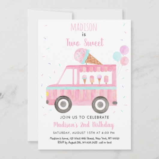 アイスクリームトラックツースウィート誕生日 招待状 (正面)