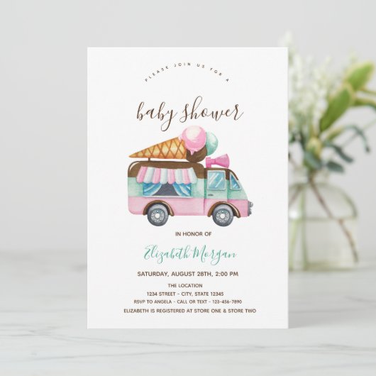 アイスクリームトラックピンクストライプのベビーシャワー 招待状 (スタンド正面)