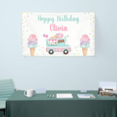 アイスクリームトラックピンクティール（緑がかった色）ガール誕生日バックドロップ 横断幕 (トレードショー)