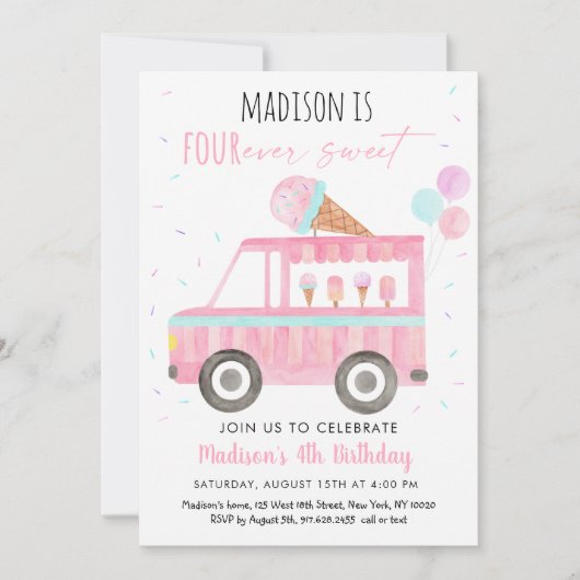 アイスクリームトラックフォーエバースウィート誕生日 招待状 (正面)