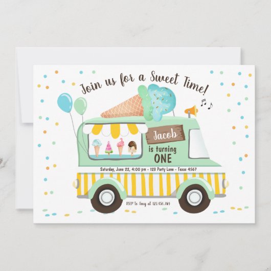 アイスクリームトラックミントブルーボーイファースト誕生日 招待状 (正面)