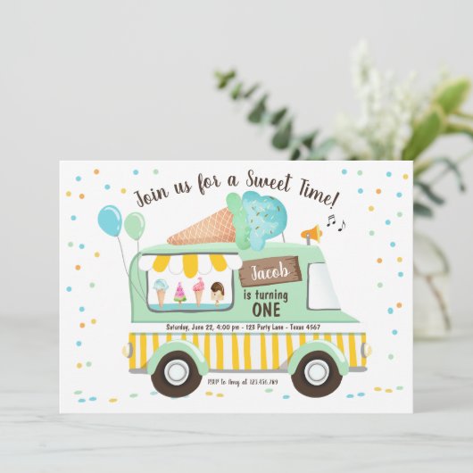 アイスクリームトラックミントブルーボーイファースト誕生日 招待状 (スタンド正面)