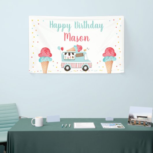 アイスクリームトラックレッドブルーボーイ誕生日背景 横断幕 (トレードショー)