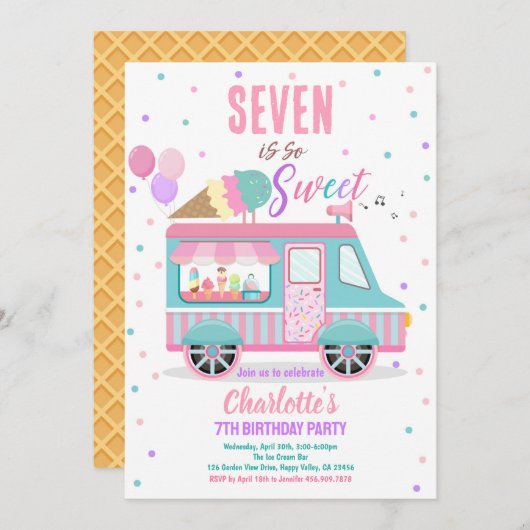 アイスクリームトラック任意の年齢の甘い誕生日パーティー 招待状 (正面/裏面)