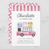 アイスクリームトラック子供の誕生日パーティーモダンピンク 招待状 (正面/裏面)