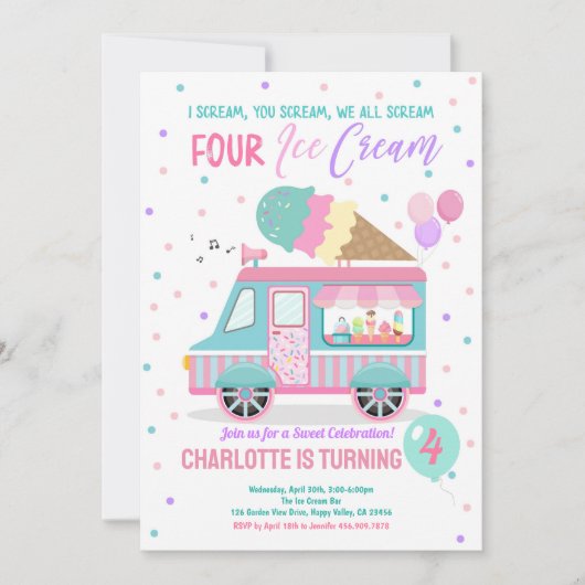 アイスクリームトラック悲鳴4つのアイスクリーム4th誕生日 招待状 (正面)