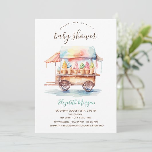 アイスクリームトラック水の色ベビーストライプのシャワー 招待状 (スタンド正面)