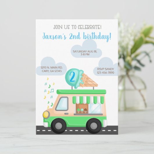 アイスクリームトラック男の子の誕生日の招待状。 招待状 (スタンド正面)