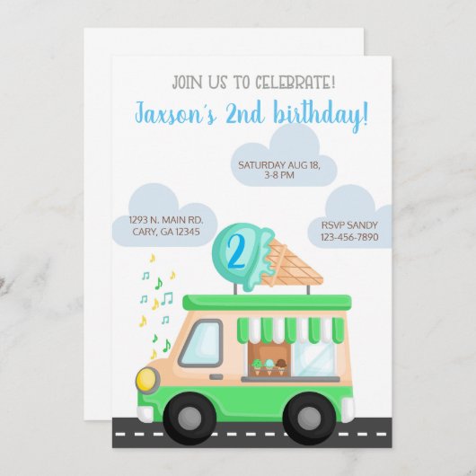 アイスクリームトラック男の子の誕生日の招待状。 招待状 (正面/裏面)