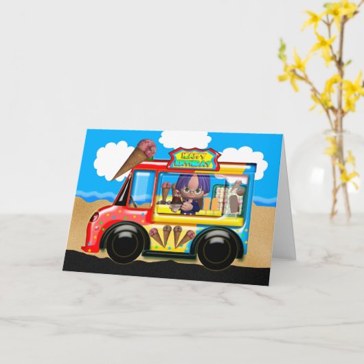 アイスクリームトラック誕生日グリーティングカード カード (黄色い花)