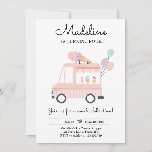 アイスクリームトラック誕生日招待状アイスピンクスクープ 招待状 (正面)